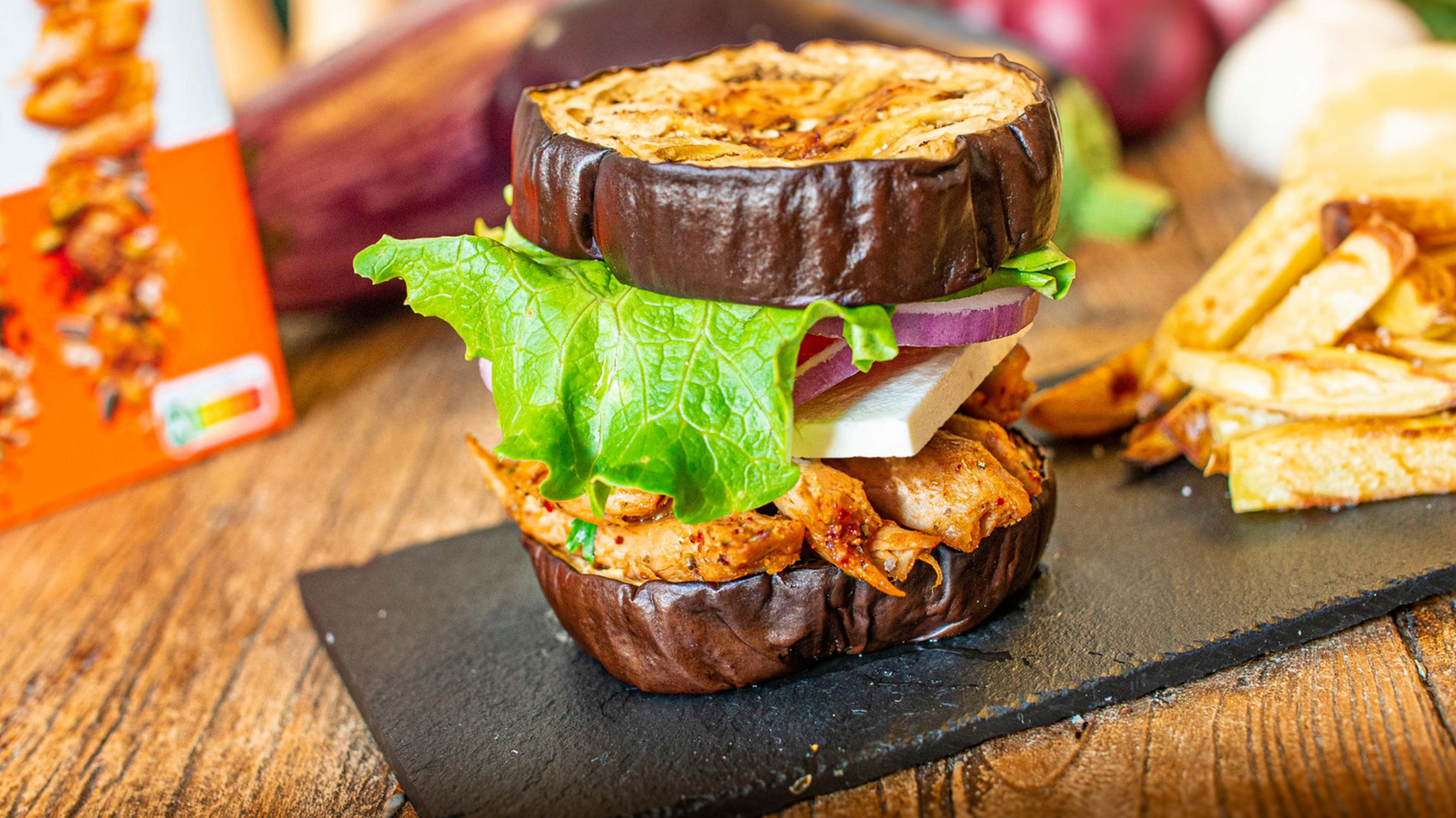 Eggplant Burger with Vegetable Strips