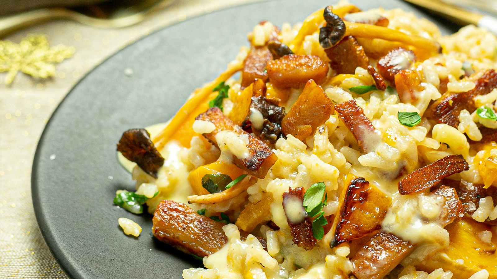 Risotto de butternut aux allumettes végétales